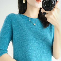 women's sweater short sleeves solid curling o-neck knitted top stylish casual pullover jumper elastic jacket 210805