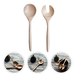 Spoons 1 Set 2pcs Salad Spoon Round Wood And Fork Servers Color #h5