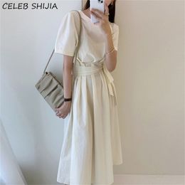 Elegant Summer Dress For Woman O-neck Lace Up High Waist Vestidos Female Clothing Chic Korean White Solid Dresses 210603