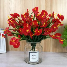 Plastic Flowers Artificials Red Anthurium One piece 7 branches 30 flower-heads Artificial Flower bouquet for christmas decor T9I001360