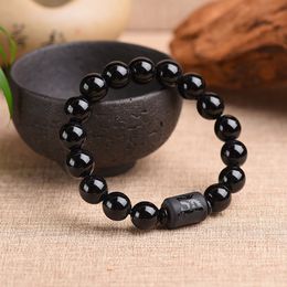 Crystal Obsidian Bracelet Strands Engrave with Dragon or Phoenix Totem Cylinder Bead Men Women Natural Stone Chain Famous Fashion