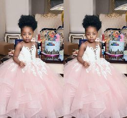 Cute Ivory Pink Flower Girl Dresses Ball Gown Lace Tulle Sheer Crew Neck Mulit-Layers Party Graduation Toddler Evening Formal Gowns BabY Infant