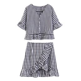 PERHAPS U Black Plaid V Neck Half Sleeve Flare Sleeve Pullover Single-breasted Mini Ruffle Skirt Two Piece Set T0075 Summer 210529