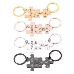 Personalized 2PCS Couples Puzzle Keychains Stainless Steel Customized Engraved Date Two Initials Love Heart Valentines Gifts