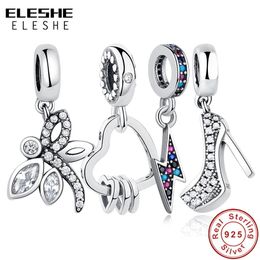 ELESHE Authentic 925 Sterling Silver Charm Beads Crystal Heart High Heels Hamsa Hand Dangle Charm Fit Bracelet DIY Jewelry Q0531