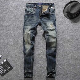 Italian Style Fashion Men Jeans High Quality Retro Black Blue Slim Fit Ripped Streetwear Vintage Designer Denim Pants V5A2