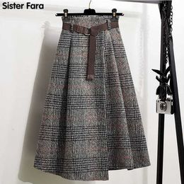 Sister Fara Autumn Plaid Asymmetrical Long Skirt Women Plus Size A-LINE Skirt Office Lady Woollen Winter Thicken Skirts 211119