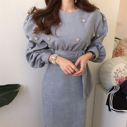 Chic Spring New Women Casual Loose Oversize Retro Corduroy Belt Dress Female Vintage Elegant Party Lace Up 210303