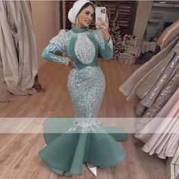 Mint Green Saudi Arabic Prom Dress Mermaid Without Headpiece Long Sleeves Beads Crystal Vestidos Elegantes Para Mujer Evening Party Gowns