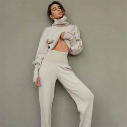 Summer Turtleneck Sweater 2 Pieces Ladies Setchic Knitted Pullover + Pants Casual Set 210525