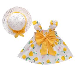 2pcs Toddler Baby Kids Girls Suspenders Lemon Print Princess Dress Hat Outfits Child Birthday Present Outfits Headband Q0716