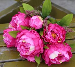 peony Bouquet Artificial Silk Flowers Fake Leaf Home and Wedding Party Decoration 7 head 5colors choose