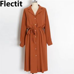 Flectit Business Chic Women Midi Shirt Dress with Bow Button Up Long Sleeve Spring Summer Dress Office Lady Outfit * 210309