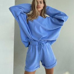 WANYUCL spring and summer women's long-sleeved round neck top loose women's casual shorts solid Colour two-piece sweater women Y0625