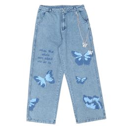 Hip Hop Butterfly Chain Print Jeans Straight Wide Leg Pants Harajuku Oversize Streetwear Loose Joggers Men Baggy Trousers 210622