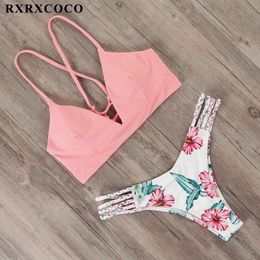 RXRXCOCO Bandage Swimwear Women Brazilian Bikini Swimsuit Female Thong Bikini Set Bathing Suit Push Up Flower Biquini Swimsuit 210305