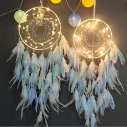 Dream Catcher with Lights Handmade Wall Hanging Decor Ornaments Craft for Girls Bedroom Car Home Colourful Feather Dreamcatchers Gift