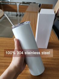 US Stock Sublimation Tumblers 20 Oz Stainless Steel Straight Blank Mugs white Tumbler with Lid and Straw for Heat Transfer DIY Gift Coffee Mug Bottlle 52fc