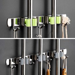 Stainless Steel Broom Holder Multifunctional Wall Mounted Mop Organiser Heavy Duty Practical Clip Kitchen Bathroom Storage Rack 210705