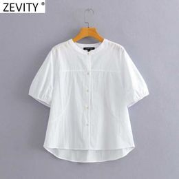 Zevity Women Korean Style Stand Collar Solid Colour Patchwork Shirt Office Ladies Puff Sleeve Blouse Chic Blusas Tops LS9294 210603