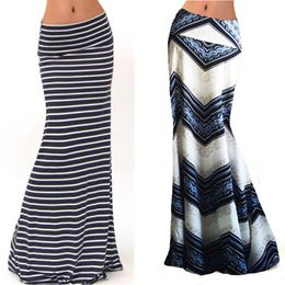 Fashion Women Summer Long Skirt Striped Wave Charming Elastic High Waist Boho Printing Saia Falda Female Maxi Skirt xxl 4xl 6xl