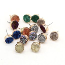 -12mm Natürliche Stein Farbe Überzogene Stud Druzy Drusy Quarz Kristall Steine ​​Gold Studs Ohrringe Schmuck Für Frauen