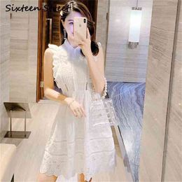 spring white Lace Dress Woman Sleeveless ruffle chic fashion party female high waist clothing summer dresses 210603