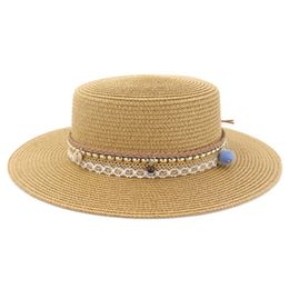 straw hats flat top wide birm band chain belt casual vintage women hats sun protective outdoor women beach fascinator sun hats