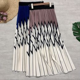 Women Long Skirts Rhombus Printing Plaid Patchwork Striped Cotton Skirts Daily Casual Wear Midi Skirts Fashion Autumn 210309