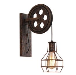 Retro Vintage Wall Light Shade Ceiling Lifting Pulley Industrial Wall Lamp Fixture Iron Loft Cafe Bar Adjustable Sconce Light 210724