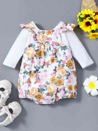 Baby Raglan Sleeve Tee & Floral Print Ruffle Trim Cami Romper SHE