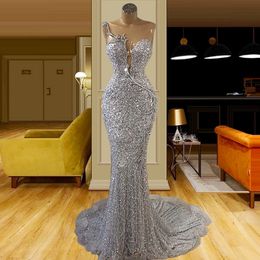 Glitter Sier Lace Mermaid Evening Dresses Sheer Jewel Neck Sequined Beaded Special Ocn Prom Gowns 2021 Plus Size 0523