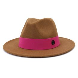 British Style Men Women Wool Wide Brim Felt Fedora Hat Formal Party New Fashion M Letter Ribbon Elegant Lady Jazz Trilby Hat