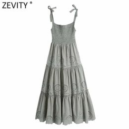 Zevity Women Fashion Elastic Patchwork Agaric Lace Sling Midi Dress Female Chic Hollow Out Embroidery Summer Boho Vestido DS8265 210603