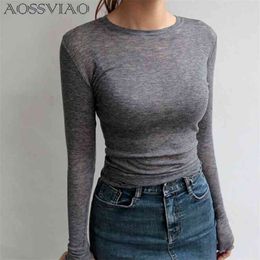 Slim High Quality Plain T Shirt Women Cotton Elastic Basic T-shirts Female Casual Tops Long Sleeve Sexy Thin T-shirt see through 210720