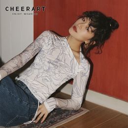 CHEERART Drawing Print T Shirt Women Irregular Neck Body Tee Shirt Shir Designer Top Underwear Fall Tee Shirt Femme Clothing 210310