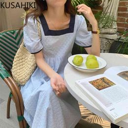 Puff Sleeve Hit Colour Square Collar Causal Dresses Women Korean Slim High Waist Dress Summer Vestidos 6J133 210603