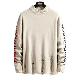 Sweater Men Harajuku Kintted Ripped Holes Streetwear Men Clothing Pullover O-neck Oversize Fashion Casual Couple Male Sweaters