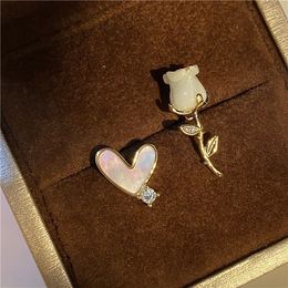Dangle & Chandelier Beautiful White Shell Heart Rose Branch Flower AB Stud Earrings For Women Girls 2022 New Cute Earings