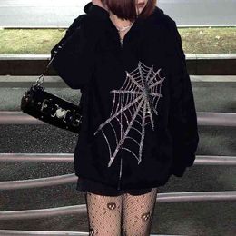 QWEEK Emo Grunge Tracksuit Black Gothic Zip Up Hoodies Women Autumn Dark Academia Spider Web Coat Punk Sweatshirts Alt Clothes 211108