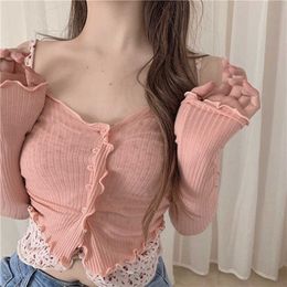 WOMENGAGA Long Sleeve pink Short Thin Knitted Women's Spring Summer Tops Bottom White Top Green Sexy Tshirt U7TP 210603