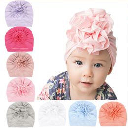 INS 8-Color New Fashion Pleated Flower Baby Cap Elastic Cotton Solid Colours Screw Thread Hair accessories Beanie Cap