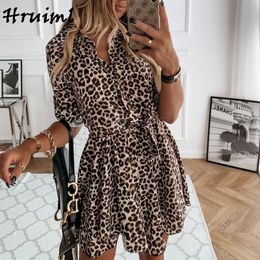 Leopard Shirt Dresses Women Long Sleeve Turn-down Collar Sashes Mini Dress Autumn Fashion Single Button Office Lady Sexy Dress 210316