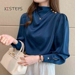 Women Bubble Sleeve Satin Shirts 2021 New Chiffon Tops Elegant High Collar Blouses Red White Blue Ladies Tops Blusas Femininas H1230