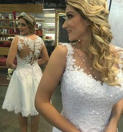 2021 Short Wedding Dresses Lace Applique A Line Beaded Knee Length Sheer Neck Illusion Covered Buttons Back Beach Wedding Gown vestido