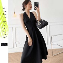 Black Dress Summer French Hepburn Style Deep V Neck Halter Elegant Ladies Dresses For Women Robe Femme 210608