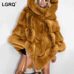 [LGRQ] Sheath Thicken Soft Warm Faux Fur Jacket Hooded Neck Long Sleeve Women's Coat Fashion Autumn Winter 19D3985 211220