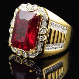 Big Square Red Crystal Ruby Zircon Diamond Gemstones Rings for Men Women 18k Gold Colour Bague Jewellery Trendy Party Accessories