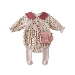 2021 Spring New Cute Baby Girls Clothes Cotton Floral Long Sleeve Peter Pan Collar Bodysuit Baby Girl Jumpsuit Infant Outfits 210312