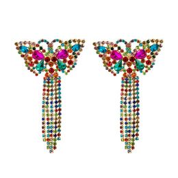 Exaggerated Colorful Crystal Butterfly Dangle Earrings Elgant Rhinestone Tassel Earrings Girls Party Jewelry Accessories